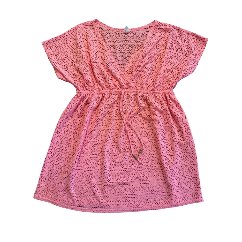 New Directions Pink Crochet Knit Swim Cover Up Dress‎ XL V-Neck Drawstring Waist